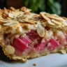 Dutch Rhubarb Pie, featuring a close-up slice showcasing the vibrant pink rhubarb filling nestled within a golden