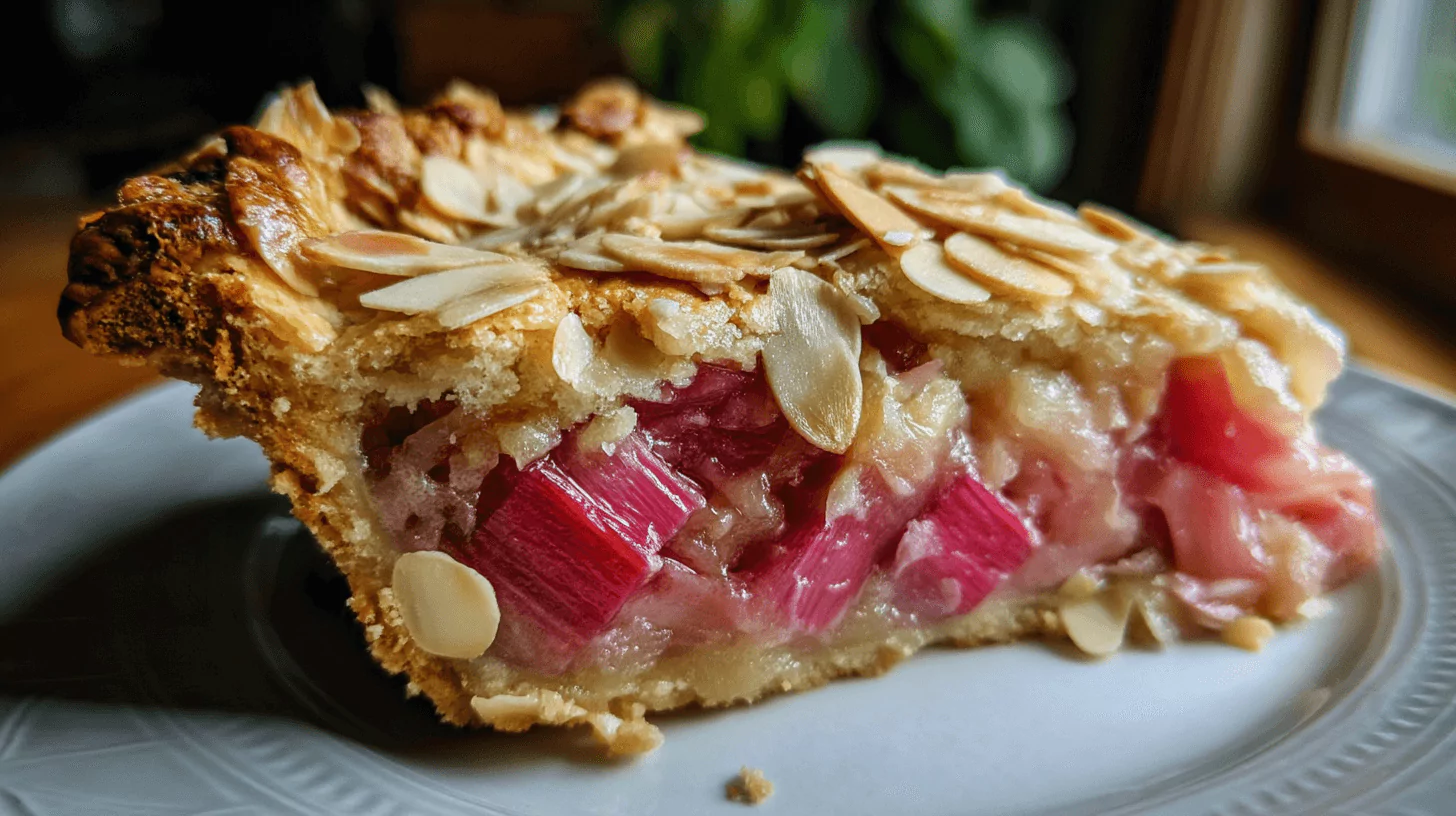Dutch Rhubarb Pie, featuring a close-up slice showcasing the vibrant pink rhubarb filling nestled within a golden