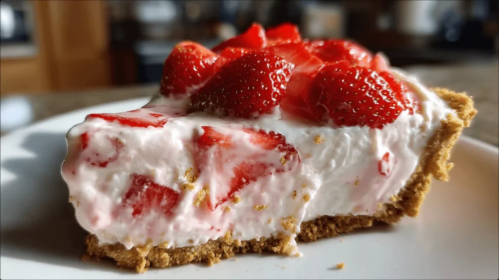 Strawberry Cool Whip Pie, featuring a slice of the pie showcasing the creamy pink filling mixed with fresh strawberry slices, all nestled in a golden graham cracker crust