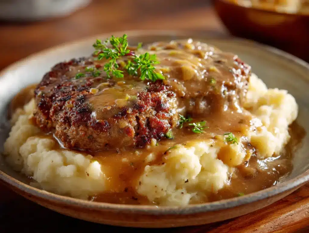 Close-up of Amish hamburger steak bake plated with mashed potatoes