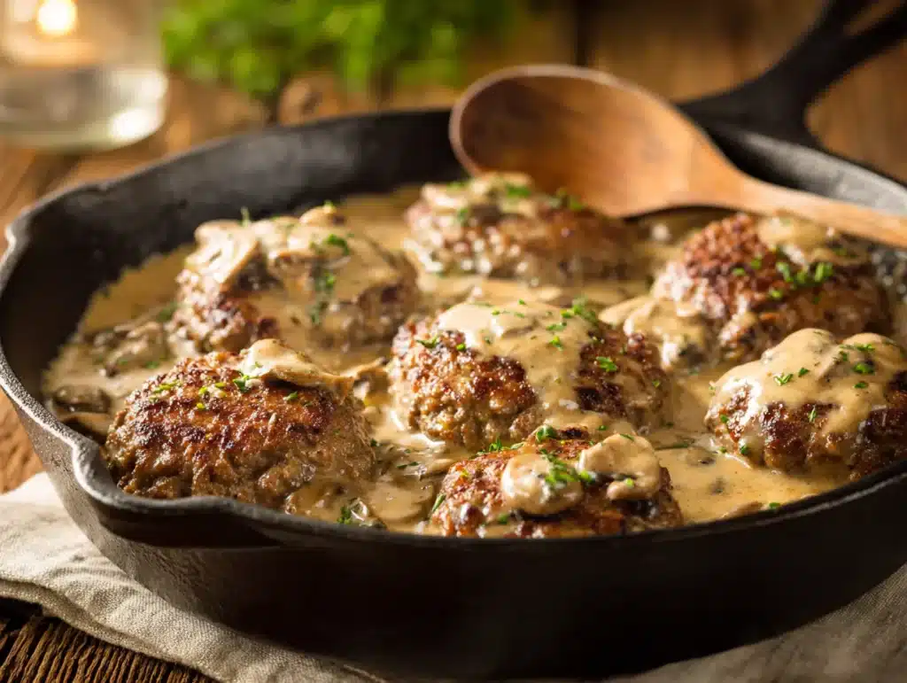 Close-up of Amish hamburger steak bake in skillet