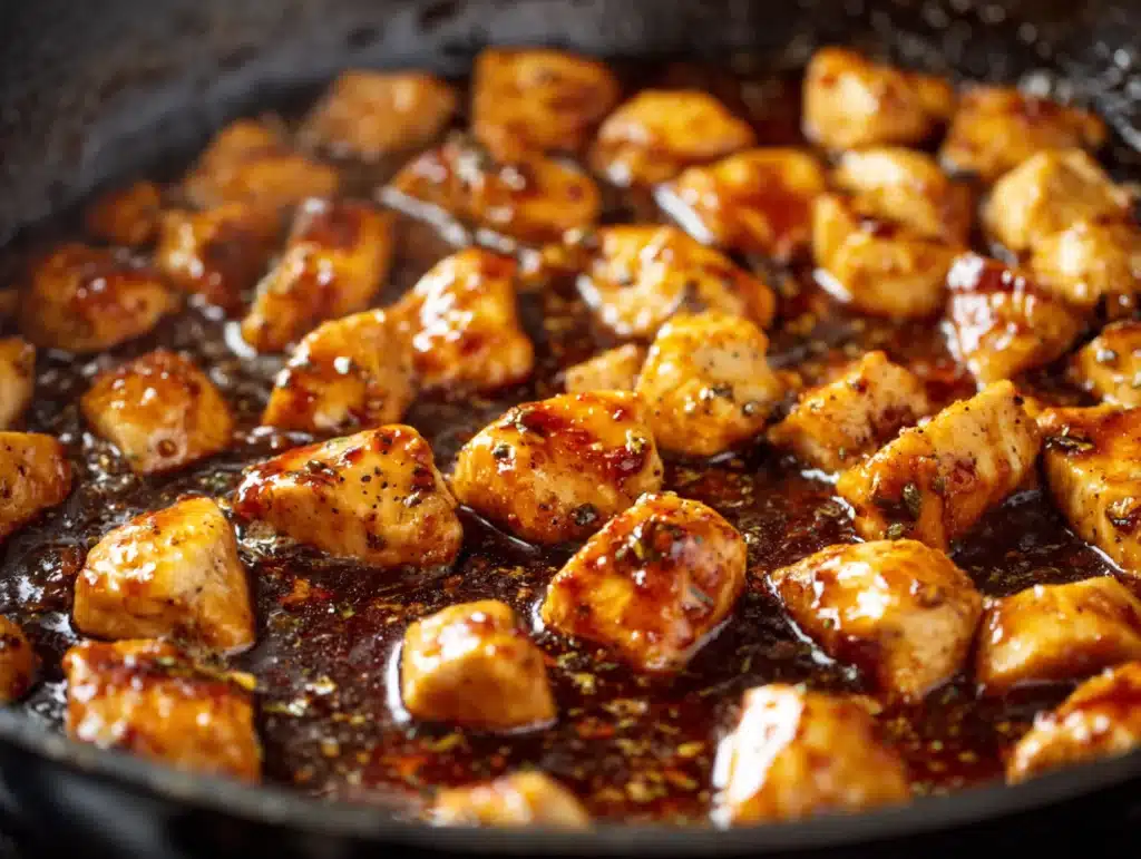 Chicken cooking in garlic butter and BBQ sauce