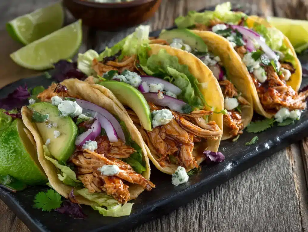 Garlic butter honey BBQ tacos with toppings