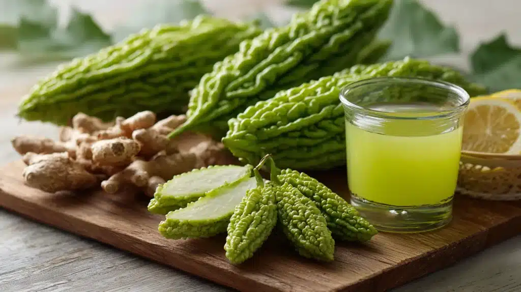 Brazilian Mounjaro recipe ingredients with bitter melon, ginger, lemon, and juice in a glass