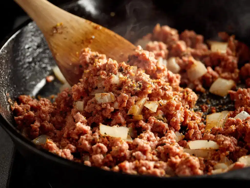 ground beef cooking with onions in skillet