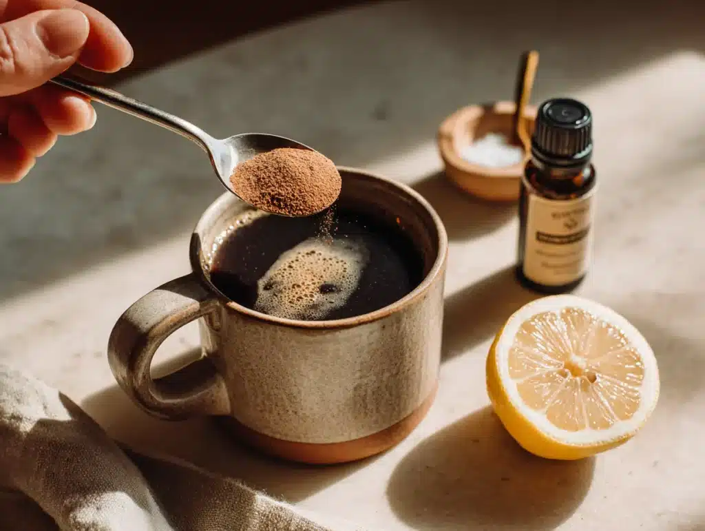 Mixing cinnamon and lemon into hot black coffee
