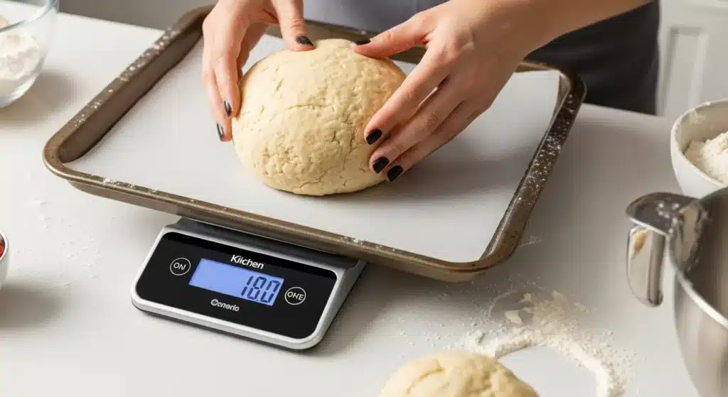 Weighing cookie dough for Crumbl cookies