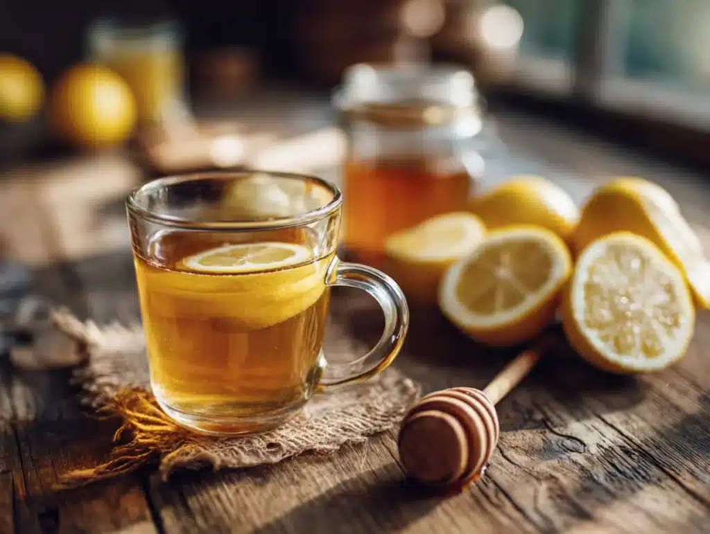 finished apple cider vinegar detox drink with lemon garnish