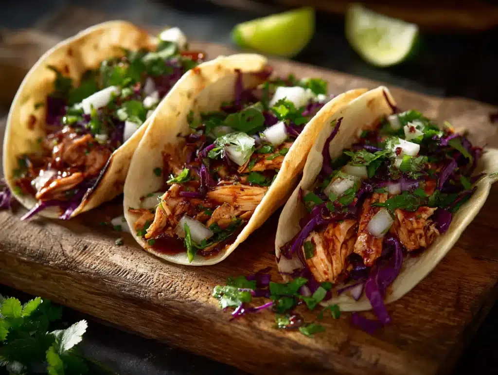 Garlic butter honey BBQ chicken tacos on wooden board