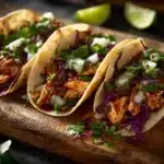 Garlic butter honey BBQ chicken tacos on wooden board