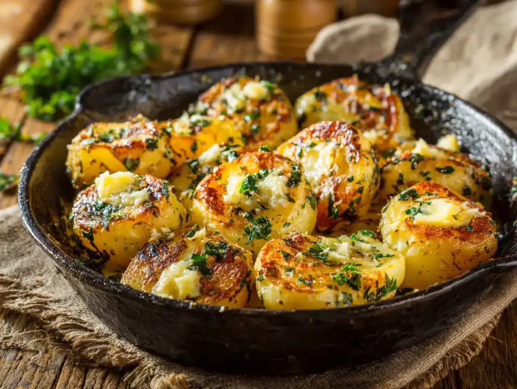 Garlic butter potatoes in skillet with herbs