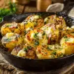 Garlic butter potatoes in skillet with herbs