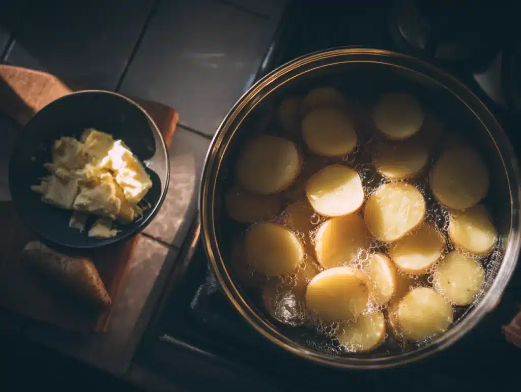 Boiling potatoes and garlic butter prep