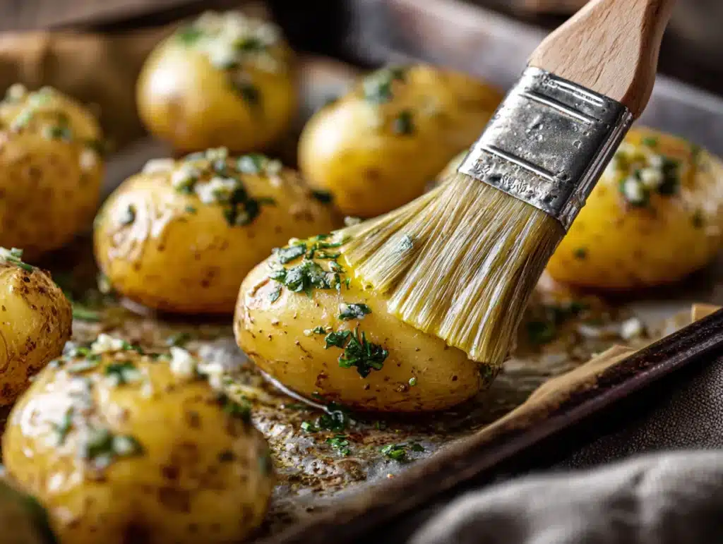Potatoes brushed with garlic butter before roasting