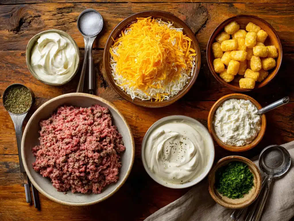 casserole with ground beef ingredients on rustic board