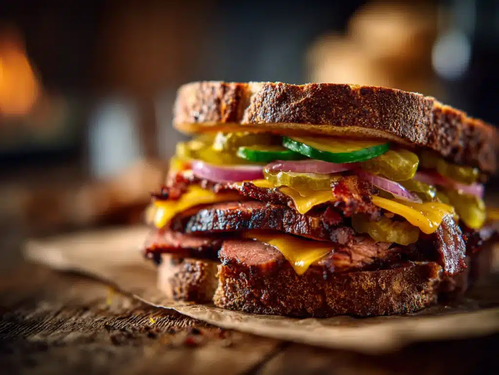 knob sandwich stacked with meats and toasted bun