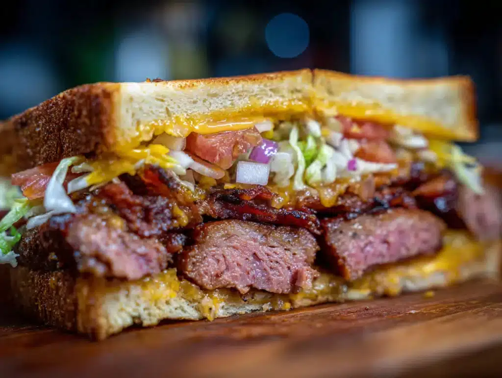 layering meats inside knob sandwich
