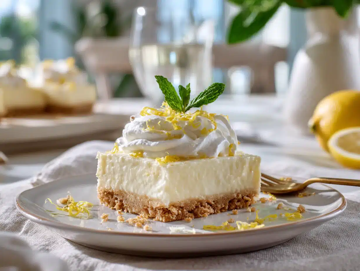 Lazy day lemon cream pie bars on rustic table