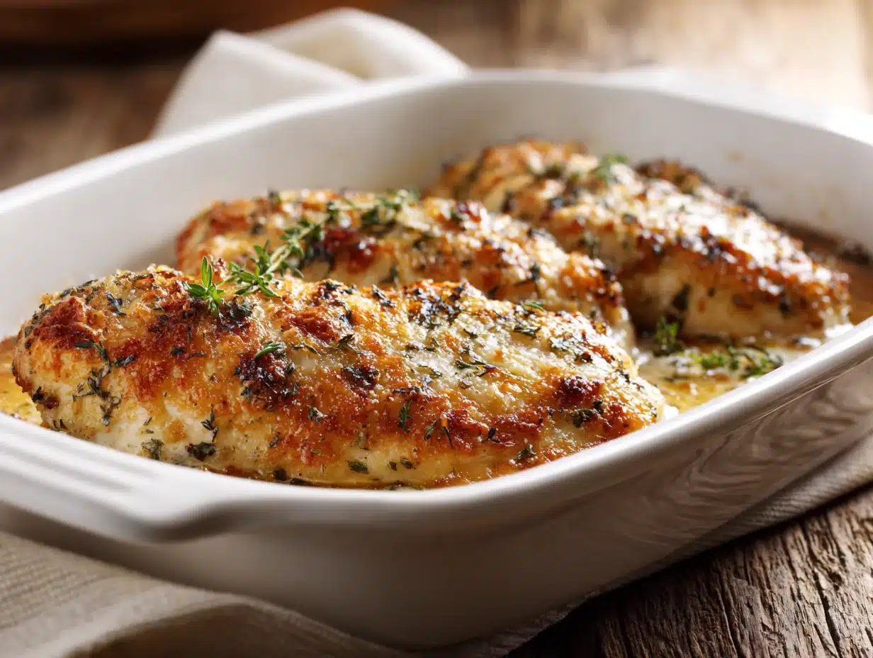 Melt in your mouth chicken baked in creamy parmesan crust