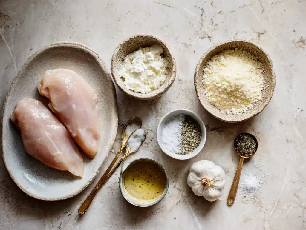 ingredients for melt in your mouth chicken on marble surface