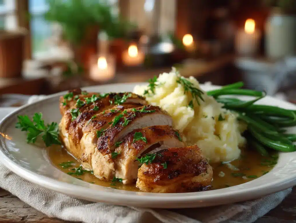 Plated melt in your mouth chicken with mashed potatoes