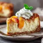 Peach Cobbler Cheesecake on rustic table