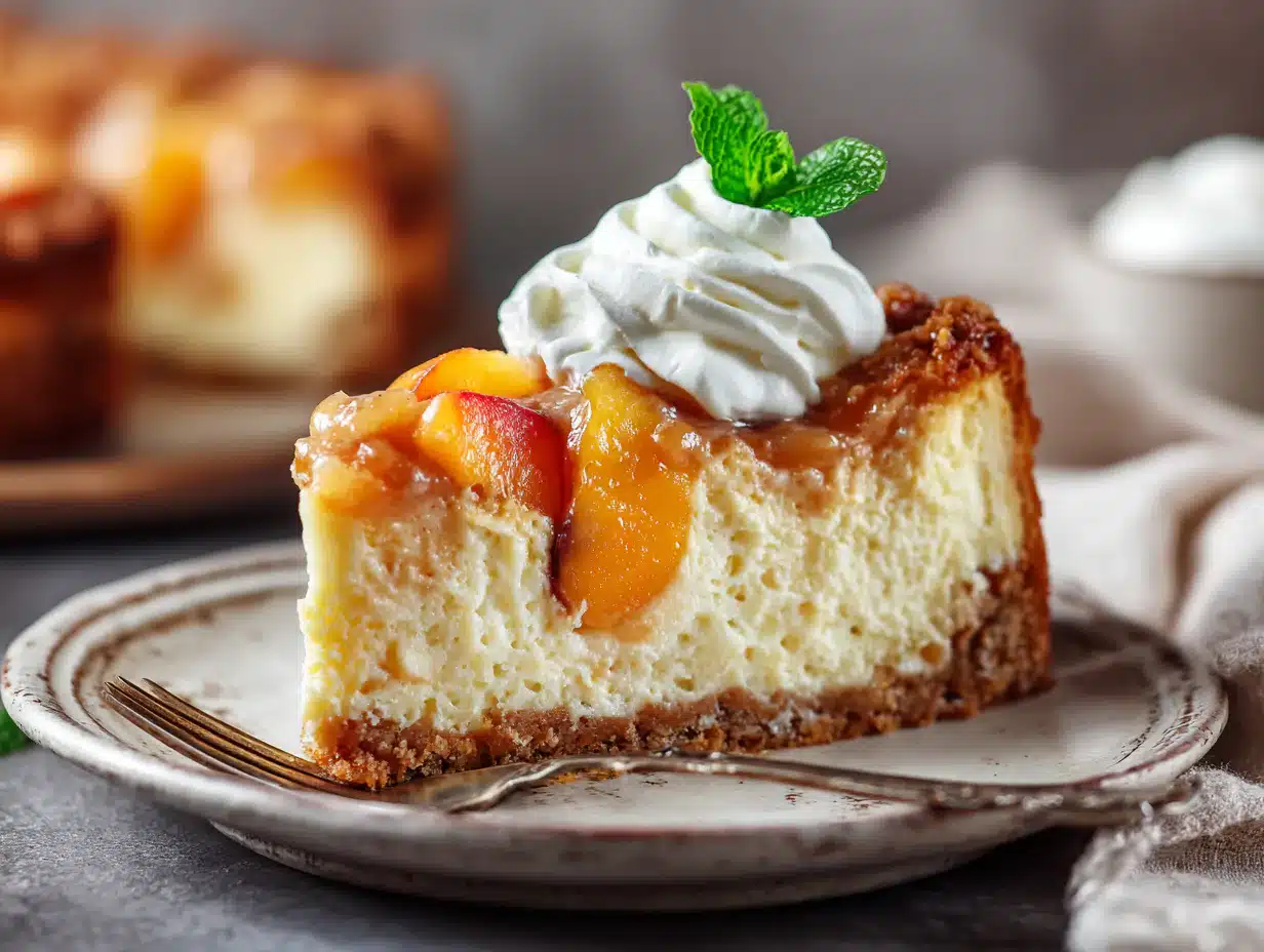 Peach Cobbler Cheesecake on rustic table