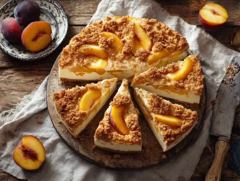 Slice of peach cobbler cheesecake served