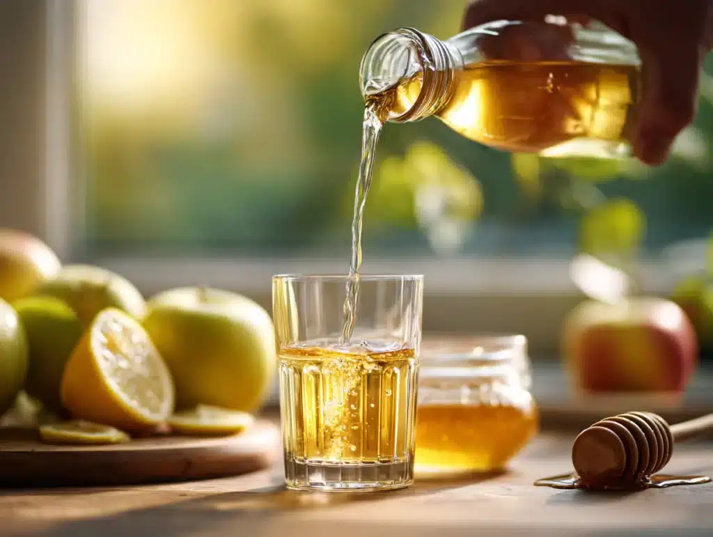 pouring apple cider vinegar into detox drink glass
