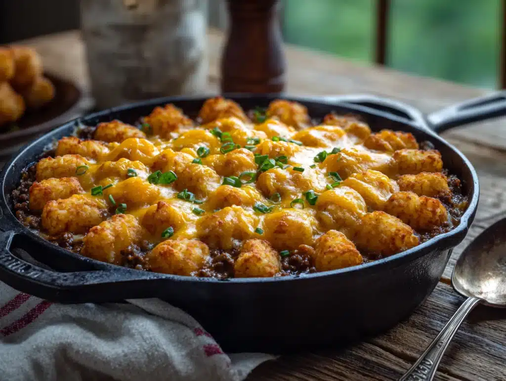 cheesy casserole with ground beef in cast iron skillet
