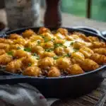 cheesy casserole with ground beef in cast iron skillet