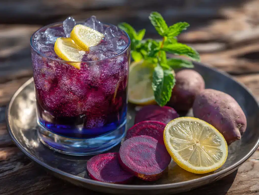 Serving purple peel juice with ice and lemon