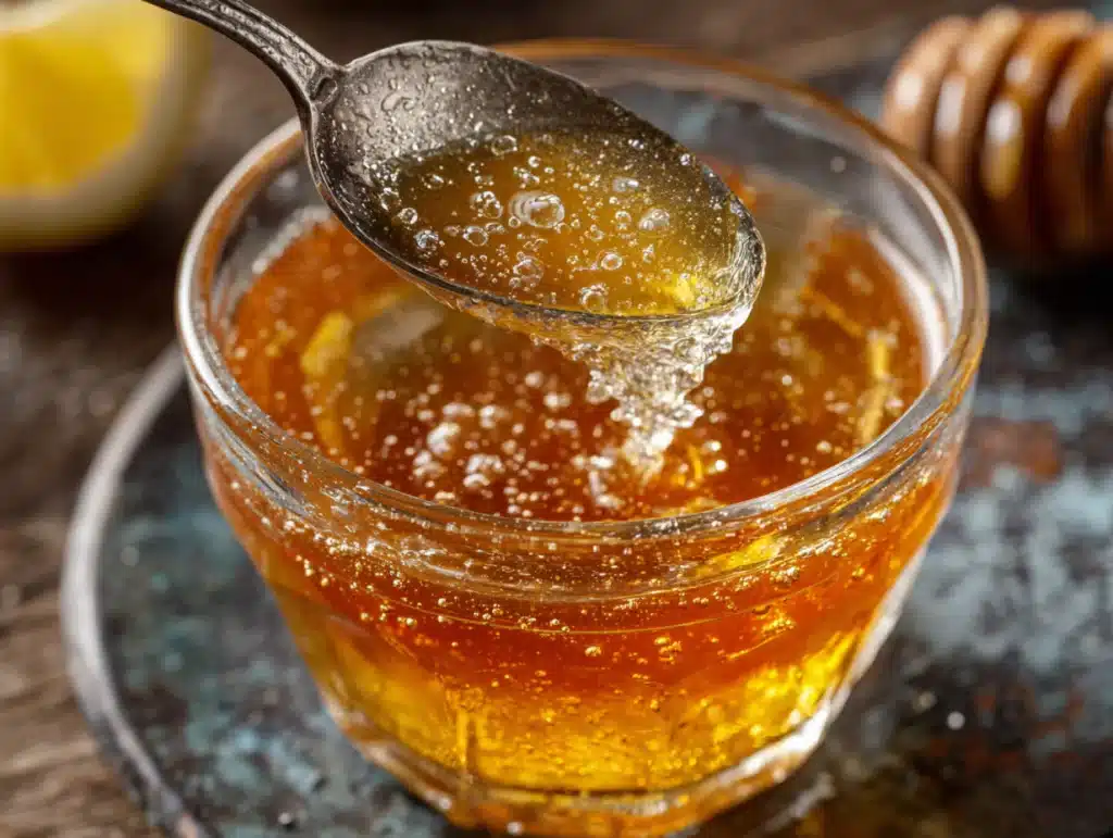 stirring honey and lemon into apple cider vinegar drink