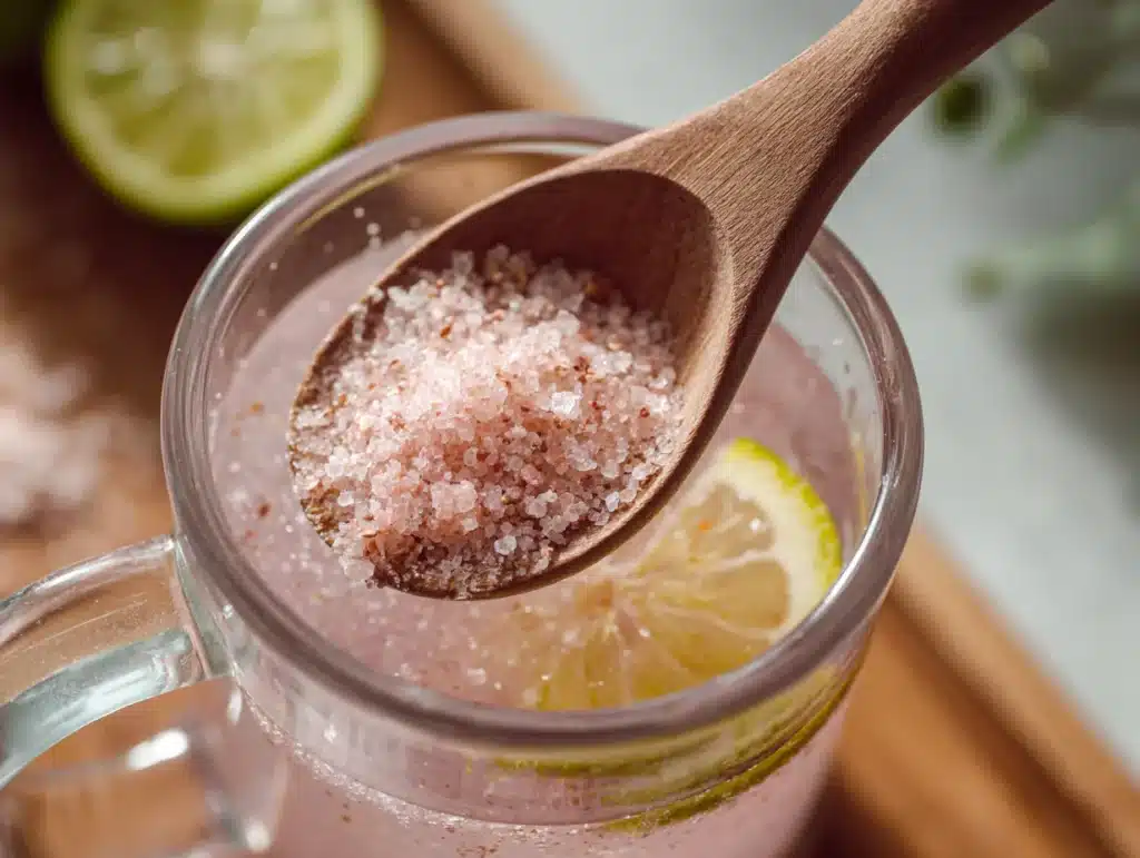 stirring pink salt into warm bedtime juice