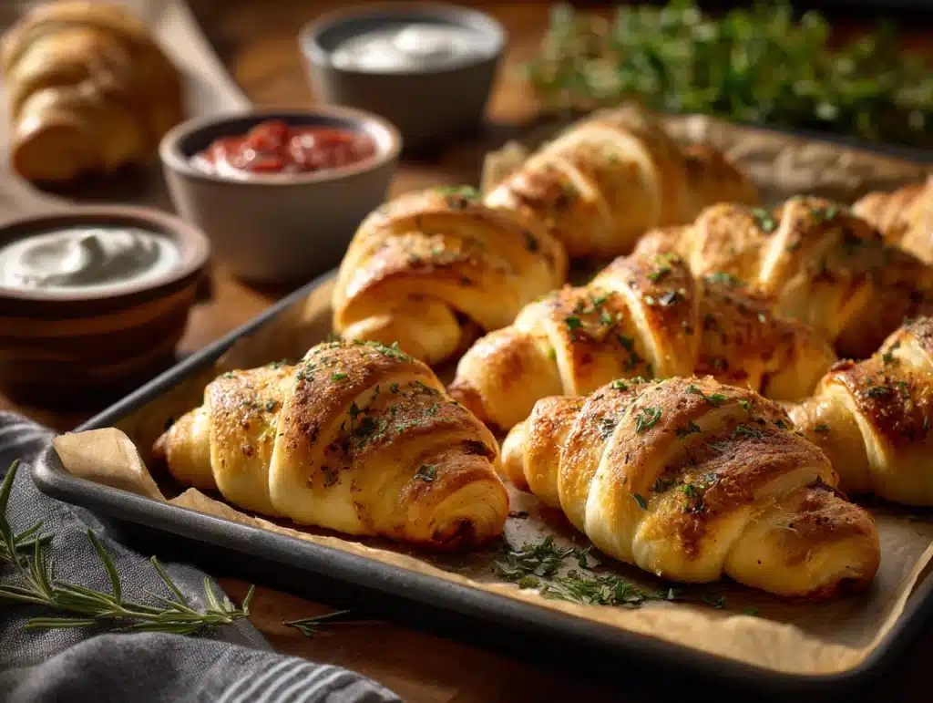 Stuffed crescent rolls served with dips