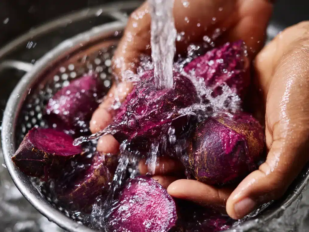 Washing purple sweet potato peels for juice