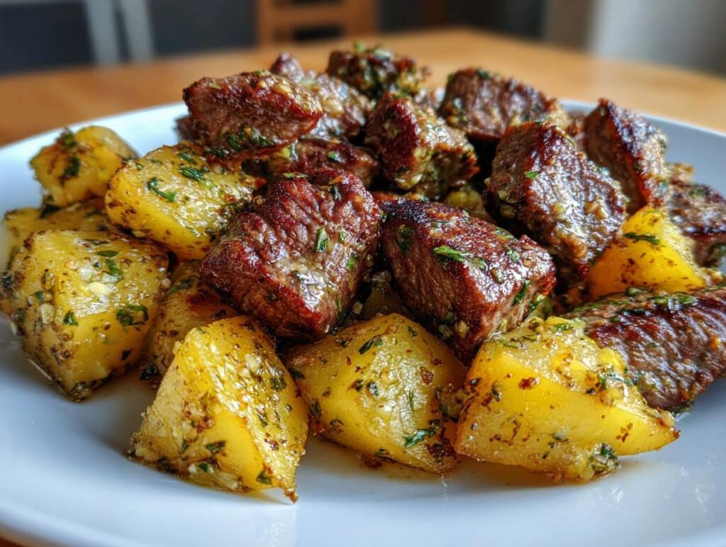 Air Fryer Garlic Butter Steak Bites and Potatoes