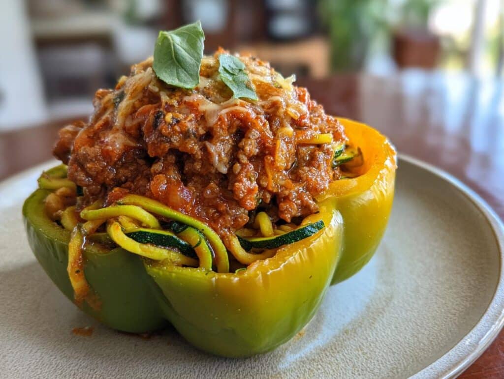 Zucchini Noodle & Meat Sauce Stuffed Peppers