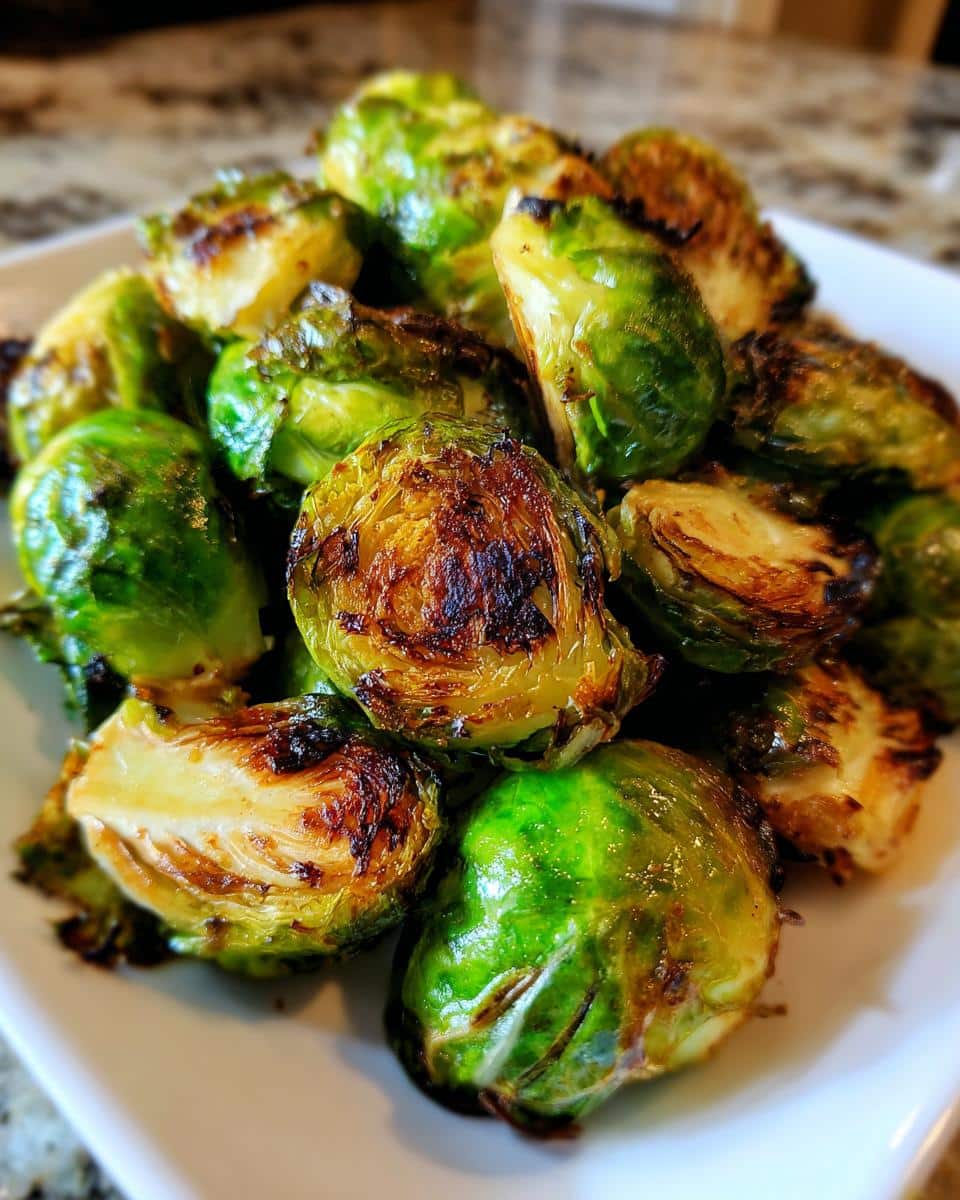 A close-up shot of perfectly crispy Air Fryer Brussels Sprouts piled high on a white plate.