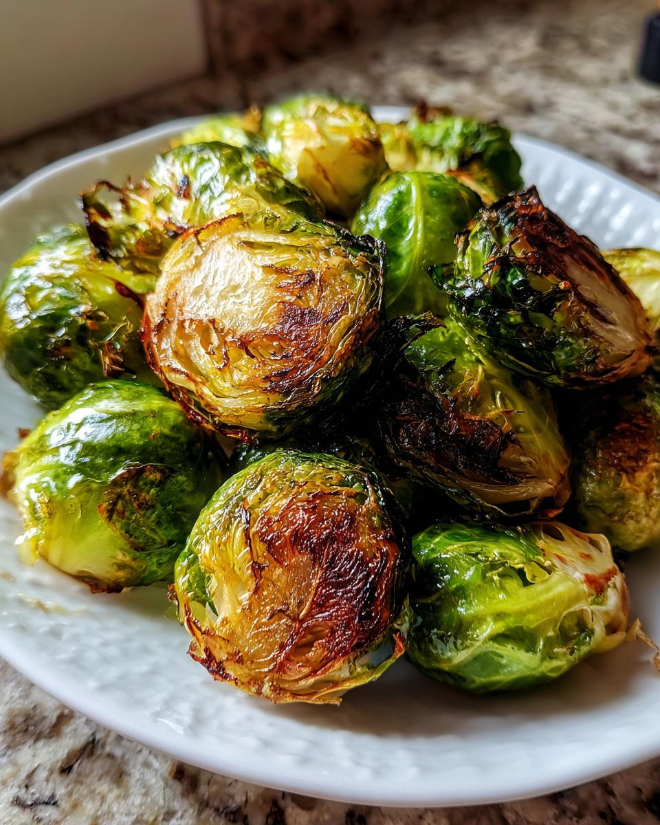 A close-up of a white plate filled with perfectly crispy Air Fryer Brussels Sprouts, showing their caramelized edges.