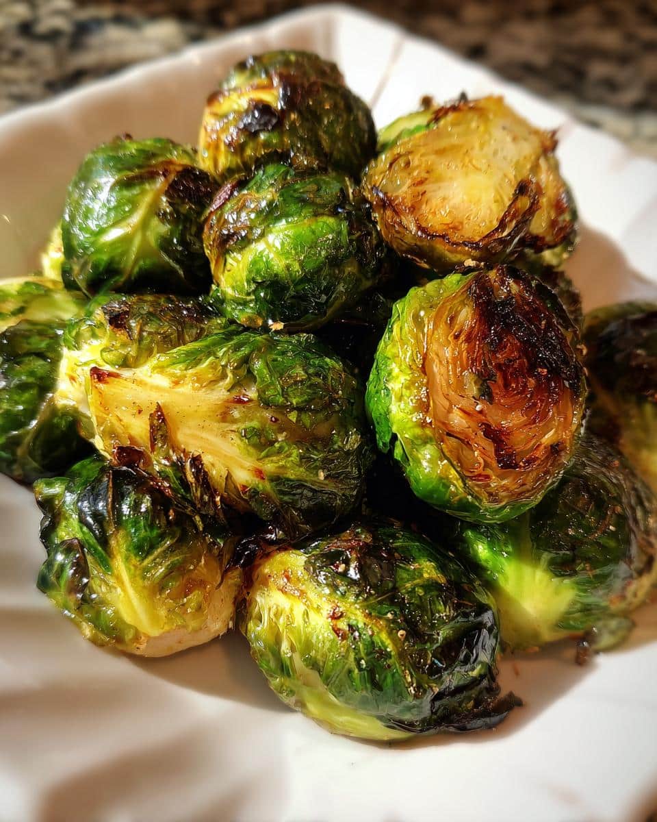 Close-up of perfectly crispy Air Fryer Brussels Sprouts in a white bowl, showing their vibrant green color and caramelized edges.