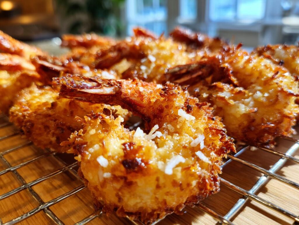 Close-up of golden-brown air fryer coconut shrimp with visible shredded coconut on a cooling rack.