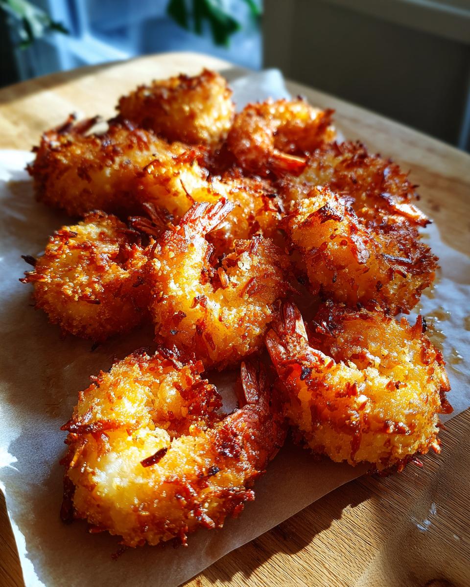 Close-up of golden brown, crispy air fryer coconut shrimp arranged on parchment paper.