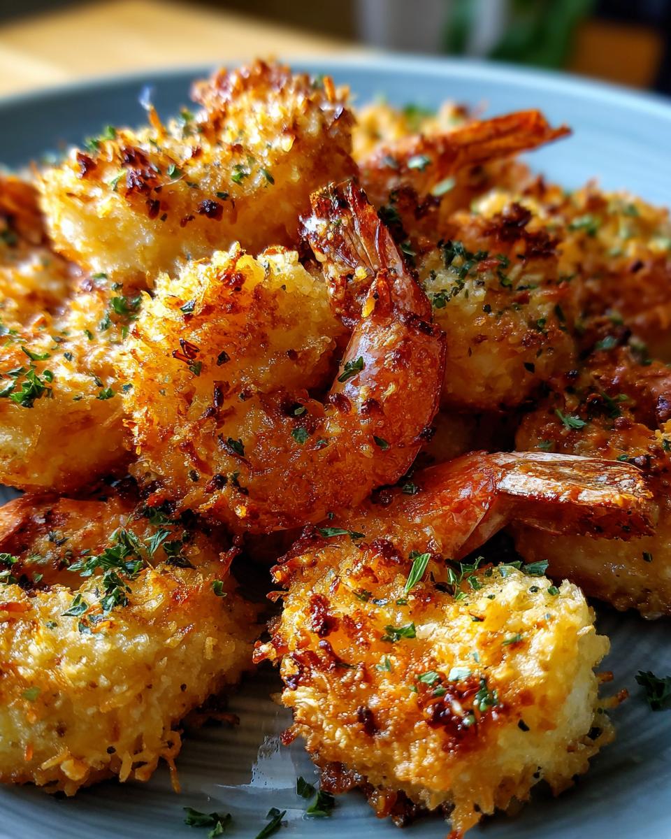 A close-up shot of golden-brown, crispy air fryer coconut shrimp, garnished with fresh parsley.