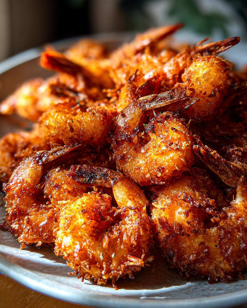 A close-up, mouth-watering shot of golden-brown, crispy air fryer coconut shrimp piled on a plate.