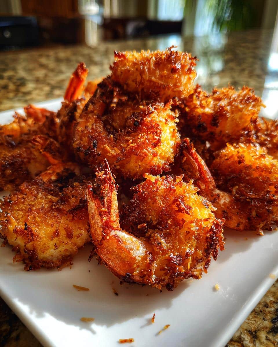 A pile of golden-brown, crispy air fryer coconut shrimp on a white plate.