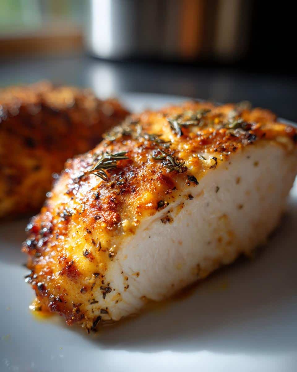 Close-up of a perfectly baked chicken breast, seasoned with herbs and spices, showcasing its juicy interior.