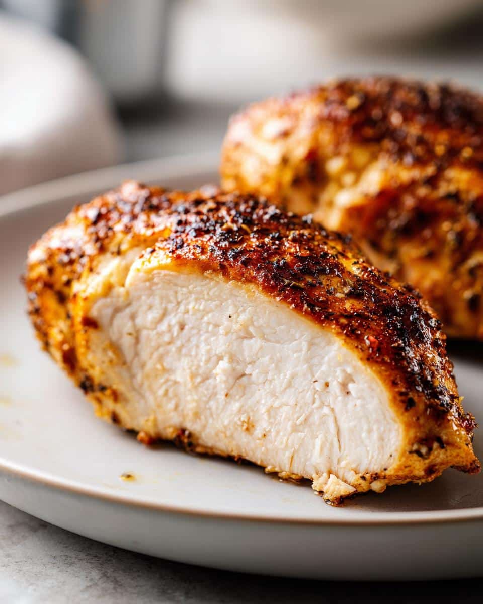 Close-up of a perfectly baked chicken breast, sliced to show its juicy interior and seasoned crust. One of the best chicken breast recipes.