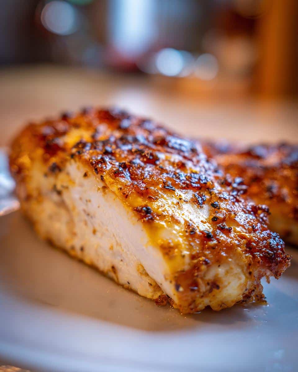 Close-up of a perfectly baked chicken breast, seasoned and juicy, part of delicious chicken breast recipes.