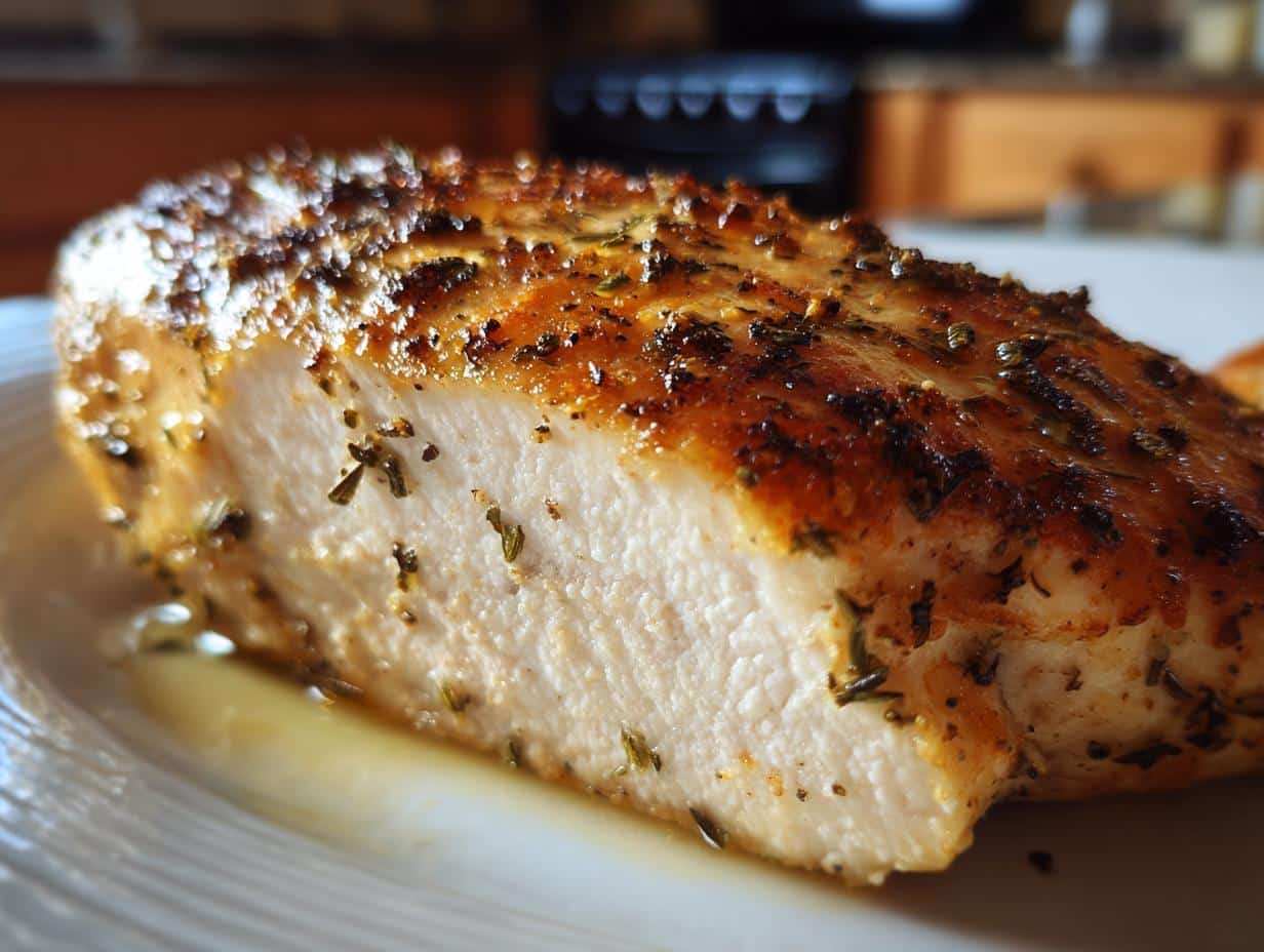 Close-up of a perfectly baked chicken breast slice, seasoned with herbs and spices, resting in its own juices.